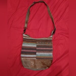 Myra Bag Bohemian Tapestry Blanket Stripe Canvas+Cowhide Fur Shoulder Handbag